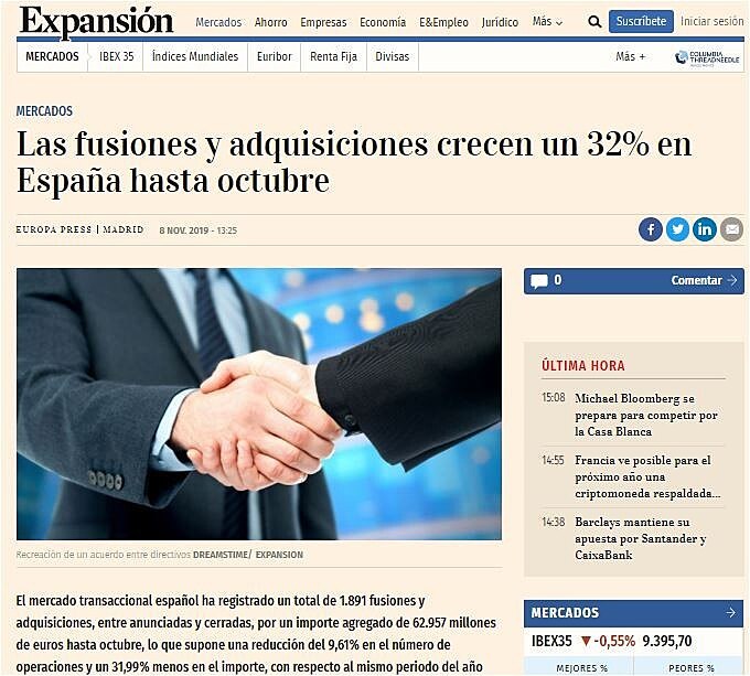 Las fusiones y adquisiciones crecen un 32% en Espaa hasta octubre